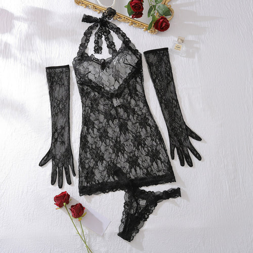 Nightmist | 3-piece lace babydoll with gloves