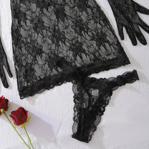 Nightmist | 3-piece lace babydoll with gloves