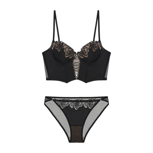 KissKismet black satin longline bustier lingerie set featuring vintage romantic rose embroidery, a seductive lace-up front corset detail, and a matching sheer mesh panty. Perfect for dark coquette aesthetic and lingerie as outerwear.