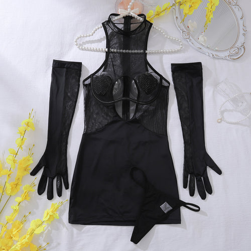 Flat lay presentation of the complete KissKismet 3-piece set, including the cut-out mini dress, black opera gloves, and matching thong.