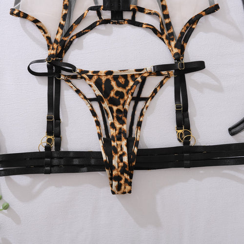 Fierce Leopard Geometric Cage 5-Piece Lingerie Set