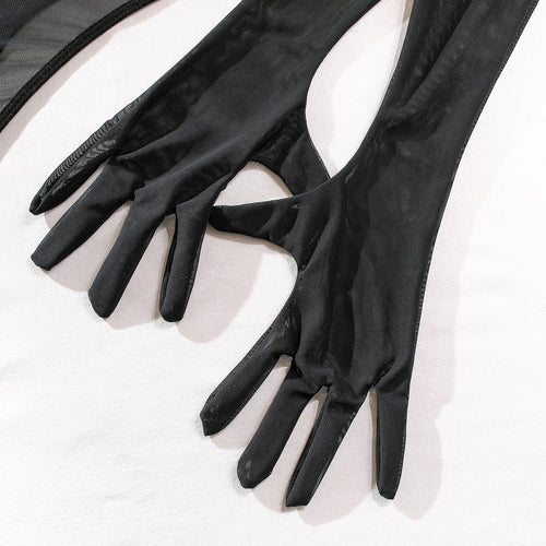 Detailed flat lay of the elegant sheer black opera-length gloves included in the lingerie set.