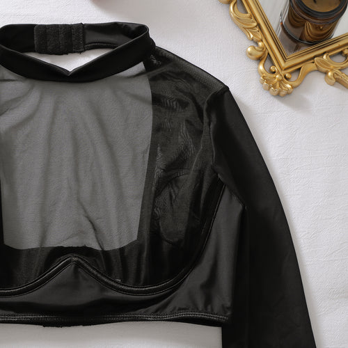 Close-up flat lay focusing on the back neck closure and sheer mesh fabric of the black long-sleeve lingerie top.