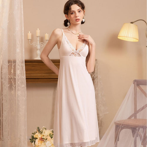 Front view of a model showcasing the flattering silhouette and gentle support of the built-in bra modal fairy nightgown.