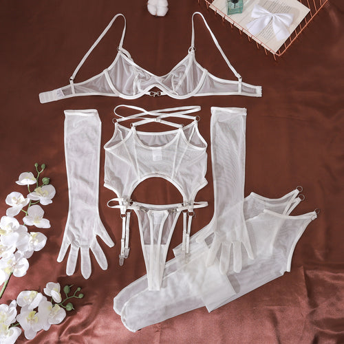 KissKismet modern white sheer mesh 5-piece lingerie set featuring a front-clasp underwire bra, wrap-around garter belt with silver-tone hardware, matching thong, opera-length sheer gloves, and thigh-high stockings.