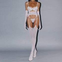 KissKismet modern white sheer mesh 5-piece lingerie set featuring a front-clasp underwire bra, wrap-around garter belt with silver-tone hardware, matching thong, opera-length sheer gloves, and thigh-high stockings.