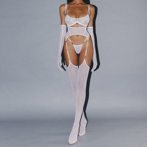 KissKismet modern white sheer mesh 5-piece lingerie set featuring a front-clasp underwire bra, wrap-around garter belt with silver-tone hardware, matching thong, opera-length sheer gloves, and thigh-high stockings.