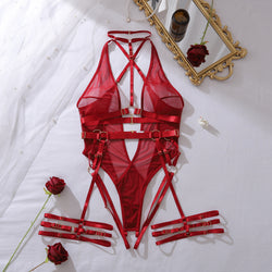 KissKismet deep red sheer mesh lingerie bodysuit featuring a plunging halter neckline, harness-style strapping with gold-tone O-rings, and attached adjustable leg garters.