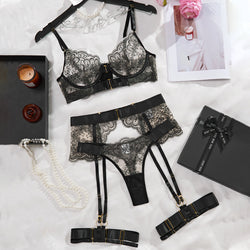 KissKismet black scalloped lace lingerie set featuring an underwire bra with strappy back details, high-waisted garter belt, and adjustable leg rings with gold-tone hardware.