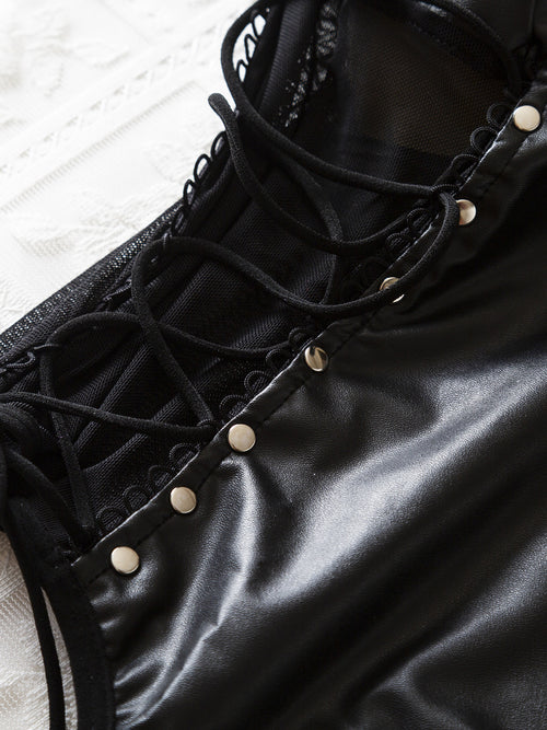 Detailed view of the adjustable side string ties and sleek black faux leather side profile construction for a customized fit.