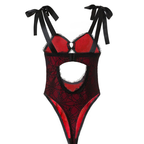 Flat lay back view of the dark red spiderweb lace bodysuit showing an open back and hook-and-eye closure.