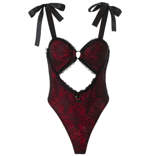 Flat lay front view of the gothic spiderweb lace bodysuit featuring a large midriff cutout and ribbon straps.