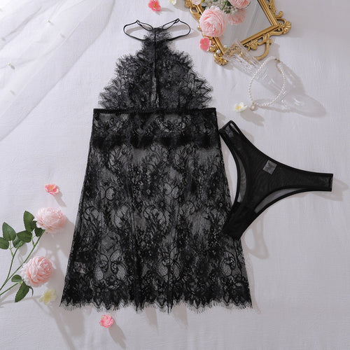 Overview flat lay of 2-piece eyelash lace chemise set