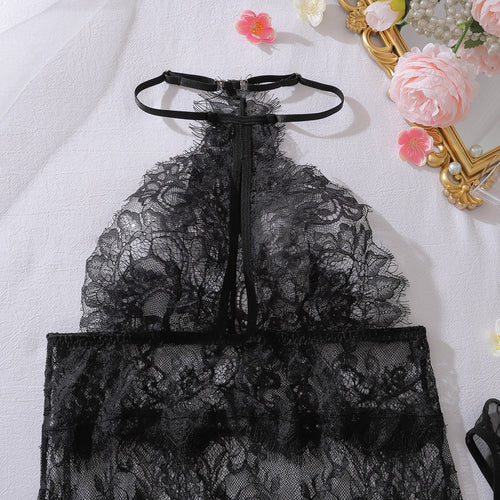Close-up of halter neckline and cutout on eyelash lace chemise