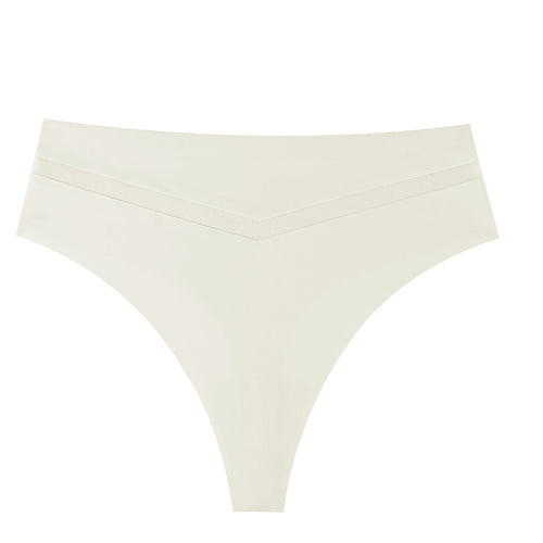 Flat lay front view of cream seamless ice silk thong with breathable mesh detail
