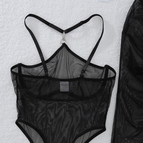 Flat lay close-up detail of the adjustable strappy halter back on the KissKismet black sheer mesh teddy.
