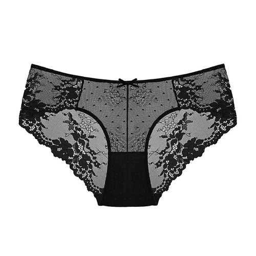 Flat lay presentation of the KissKismet black cheeky panty, beautifully displaying the dotted mesh center and delicate lace wings.