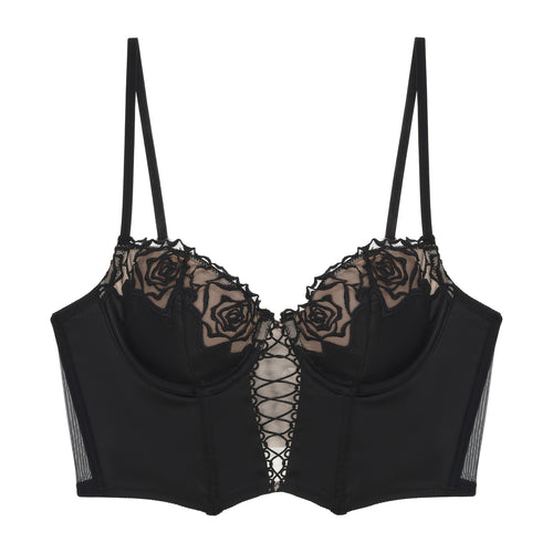KissKismet black satin longline bustier lingerie set featuring vintage romantic rose embroidery, a seductive lace-up front corset detail, and a matching sheer mesh panty. Perfect for dark coquette aesthetic and lingerie as outerwear.