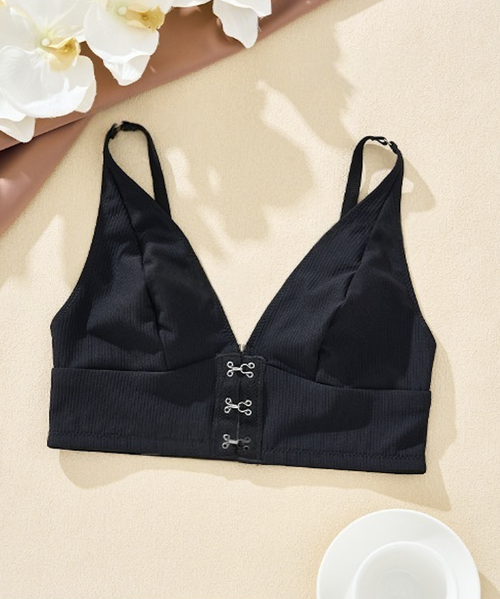 Flat lay shot of the ribbed wireless push-up bra, highlighting the high-stretch fabric and seamless craftsmanship.