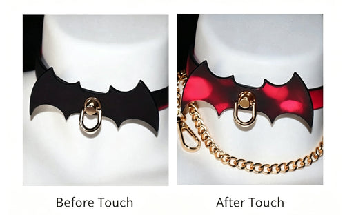 Comparison view showing the bat collar in its cool state (black) and after body heat activation (red).