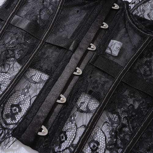 Detailed close-up of the secure front hook-and-eye closure and structured boning on the KissKismet black lace shaping corset.