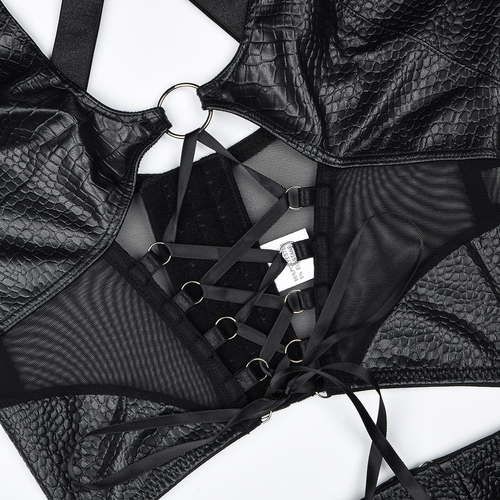 Detailed close-up flat lay focusing on the plunging corset-style front lacing and textured faux leather finish.