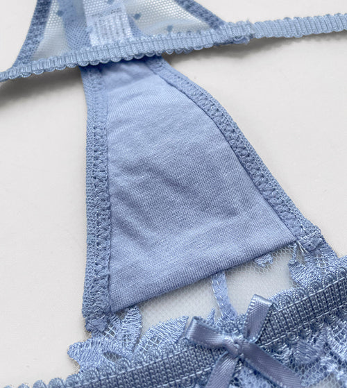 Inside flat lay view showing the breathable 100% cotton gusset of the KissKismet dusty blue double-strap thong.