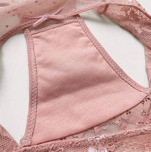 Inside view showing the clean, 100% cotton inner gusset lining of the KissKismet dusty pink lace panty, ensuring daily comfort.