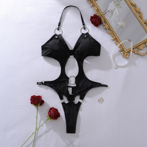 Flat lay of black ring-detail halter bodysuit