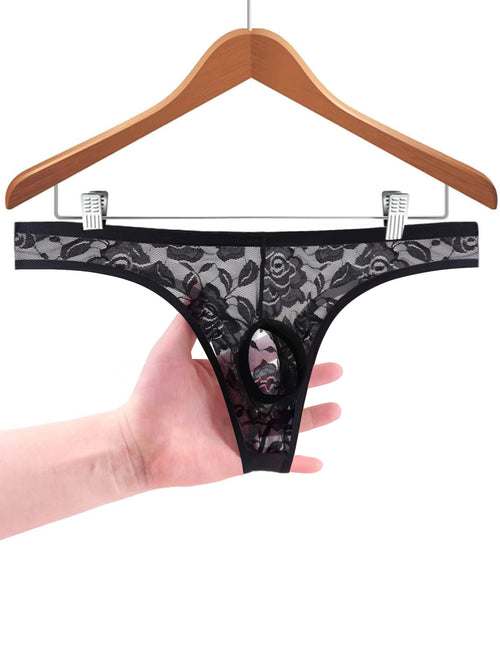 Hand holding a black sheer lace open-front men's thong on a wooden hanger