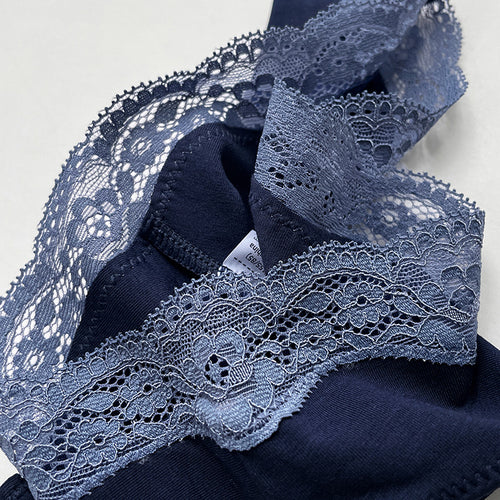 Detailed close-up of the scalloped grey lace trim and soft modal cotton fabric.