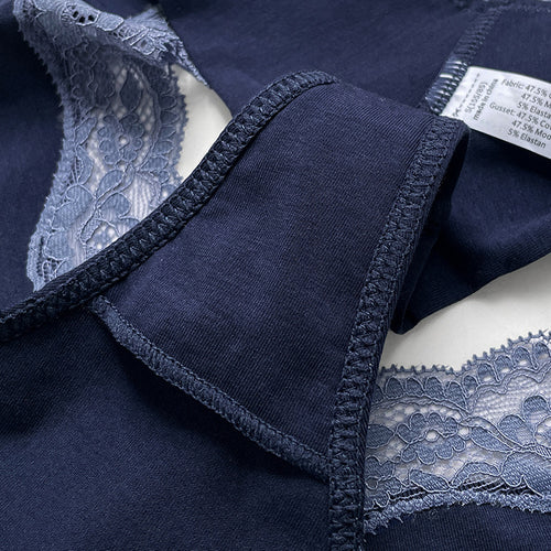 Detailed close-up showing the soft, breathable inner gusset lining and neat stitching of the navy thong.