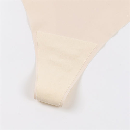 Detailed inside view highlighting the hygienic, breathable cotton-lined gusset on the nude seamless thong.