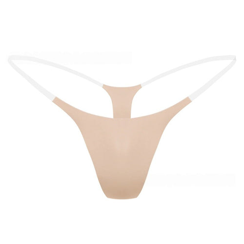 Flat lay of nude seamless thong with transparent waist straps