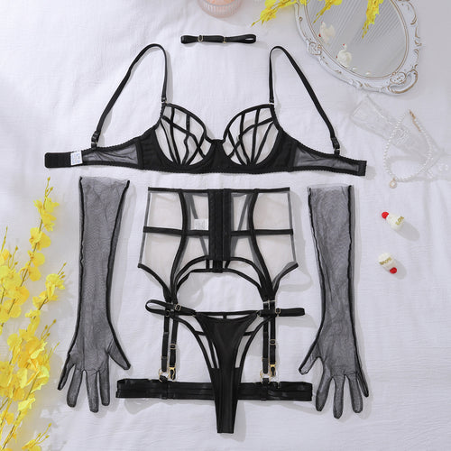 Full flat lay display of the 5-piece set including bra, garter, thong, choker, and sheer black opera gloves.