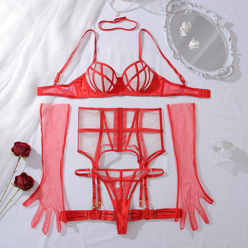 Full flat lay display of the 5-piece set including red bra, garter, thong, choker, and sheer opera gloves.