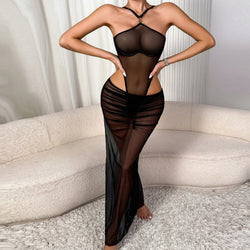 KissKismet seductive black sheer mesh halter bodysuit and matching ruched maxi skirt lingerie set. Perfect for romantic boudoir styling, dark coquette aesthetic, and chic vacation cover-up outfits.