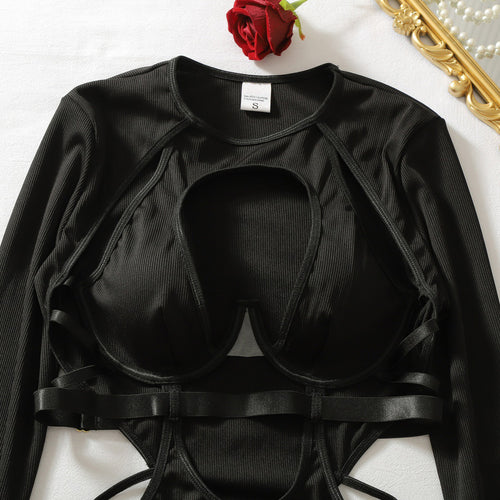Detail of cutout neckline and sculpting bodice