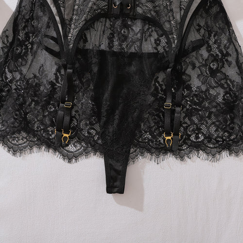 View of inner structure and garter clips on lace corset set