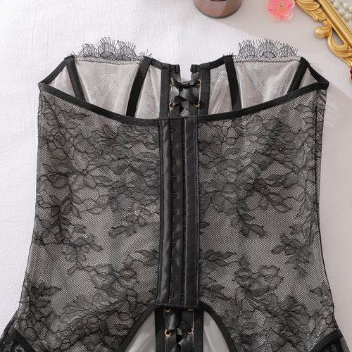 Luxury black eyelash lace corset and skirt outfit flat lay