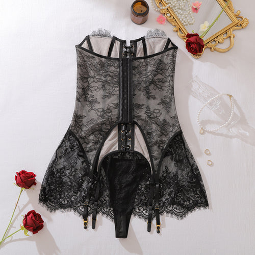 Close-up of sheer mesh and lace stitching on the corset skirt