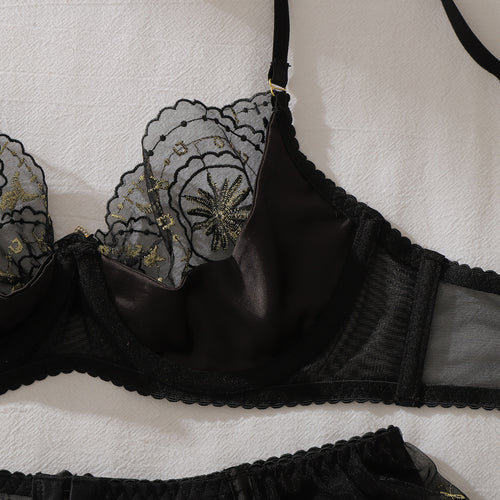 Close-up of delicate floral lace edge on gold embroidered lingerie
