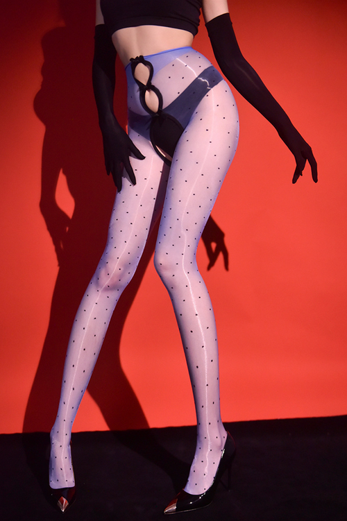 KissKismet dreamy lavender crotchless sheer tights. High-stretch, semi-sheer purple stockings providing a flawless finish, perfect for coquette aesthetic styling and romantic outfits.