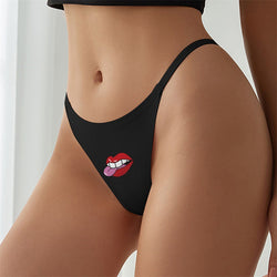 Front view of the KissKismet low-waisted seamless ice silk thong featuring a playful red lip print graphic.