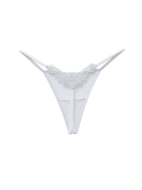 Flat lay product shot of pure white floral embroidered pearl back G-string lingerie on white background
