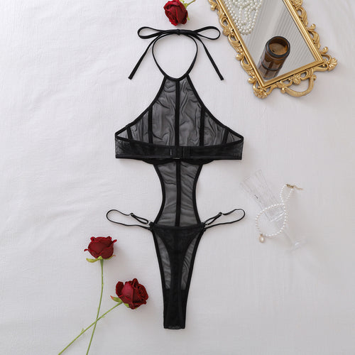 Flat lay of sheer mesh halter neck bodysuit