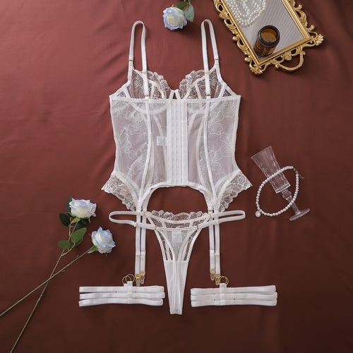 Flat lay view of back strap and garter assembly