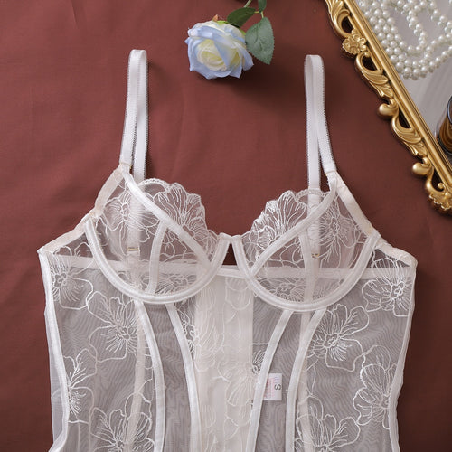 Close-up flat lay of embroidered corset bodice