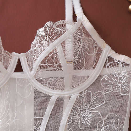 Close-up of intricate white floral embroidery on mesh
