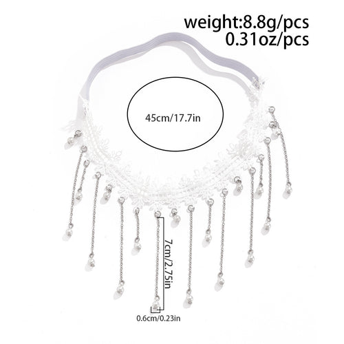 Technical graphic showing the 17.7-inch circumference, 2.75-inch fringe drop, and 0.31 oz weight of the garter.